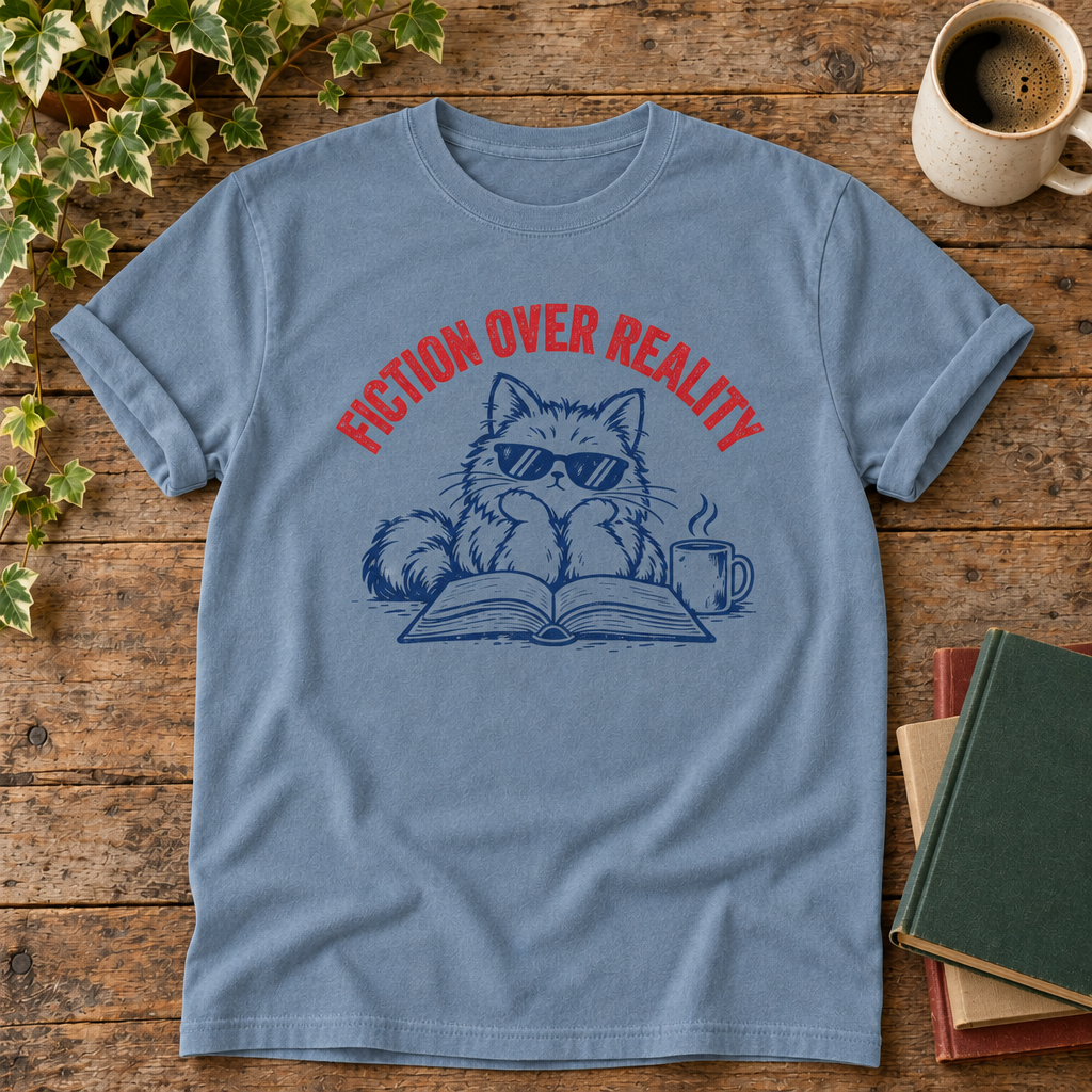 Fiction over reality Blue Jean t-shirt flat lay