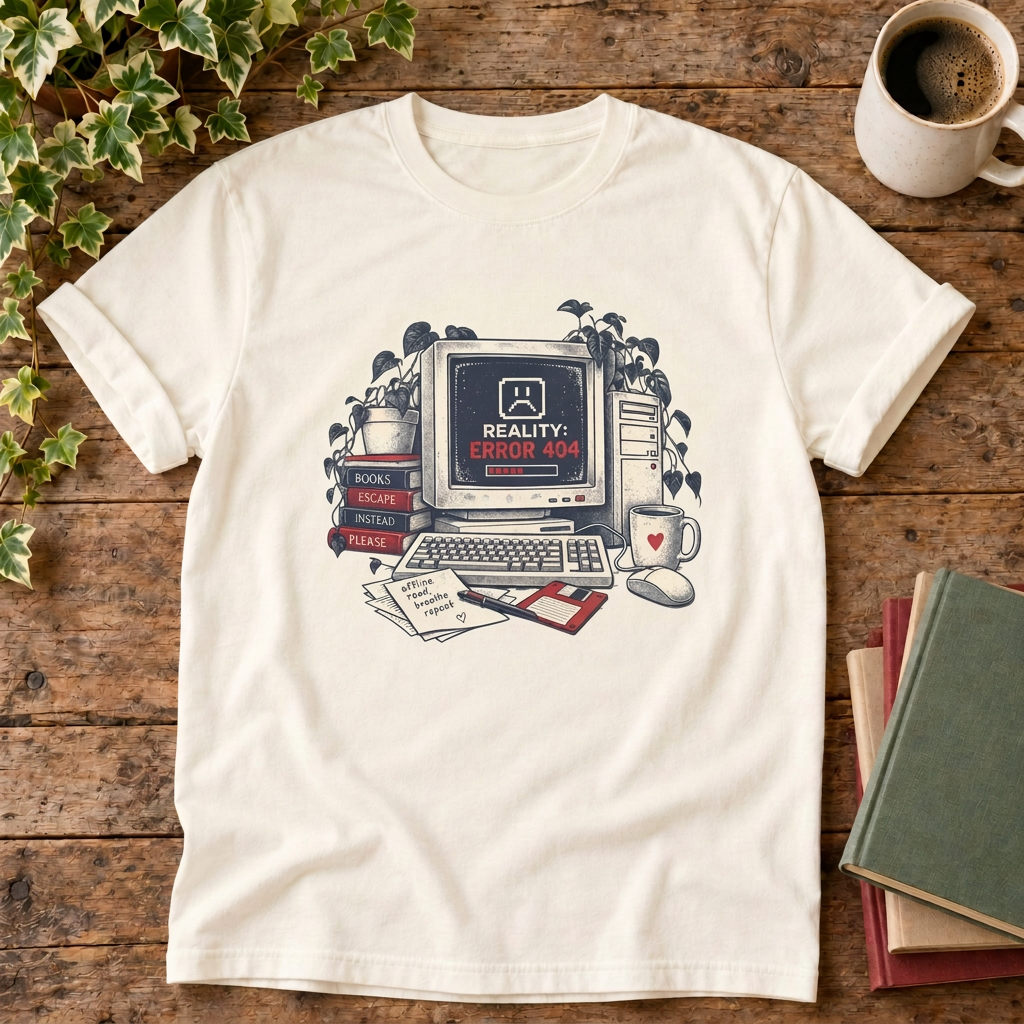 Reality error 404 t-shirt in Ivory, rustic flat lay