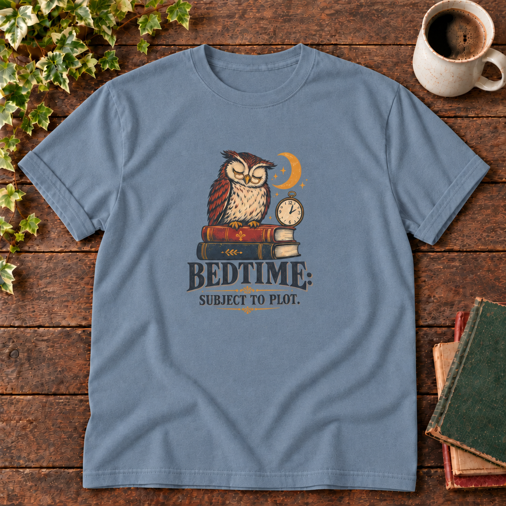 Blue Jean Bedtime owl and books t-shirt flat lay