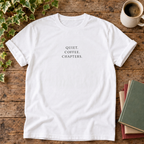 Quiet coffee chapters t-shirt in White, rustic wood flat lay