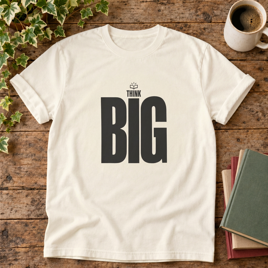 Think Big Ivory T-shirt wood-and-books flat lay