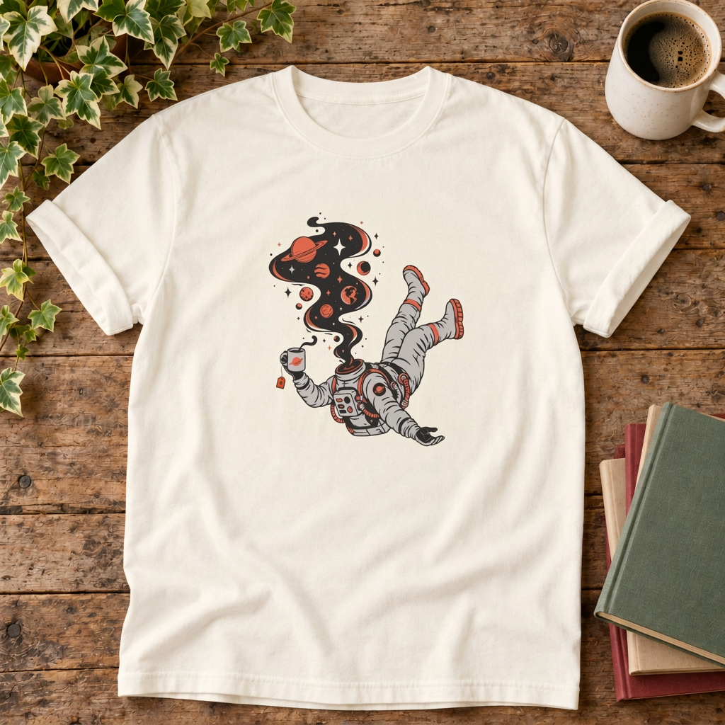 Astronaut cosmic t-shirt in Ivory, rustic flat lay