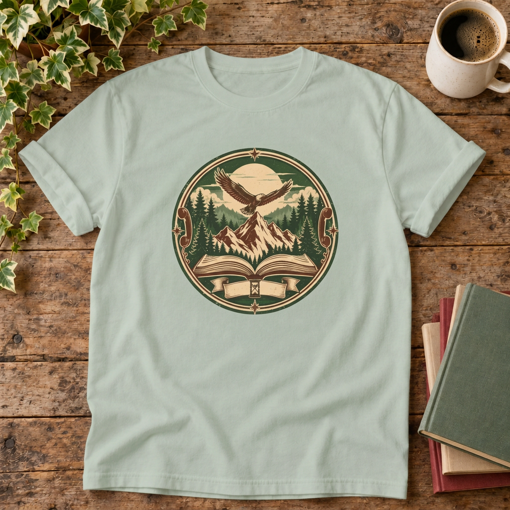 Mountain adventure vintage t-shirt in Bay, rustic flat lay