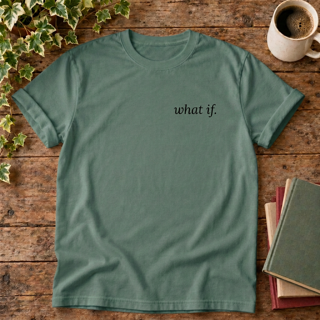 what if. Blue Spruce t-shirt flat lay with black lettering