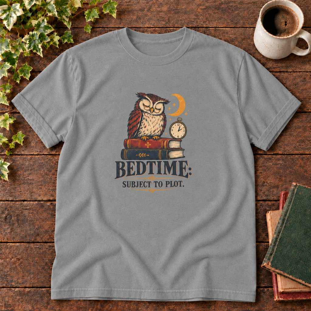Grey Bedtime owl and books t-shirt flat lay