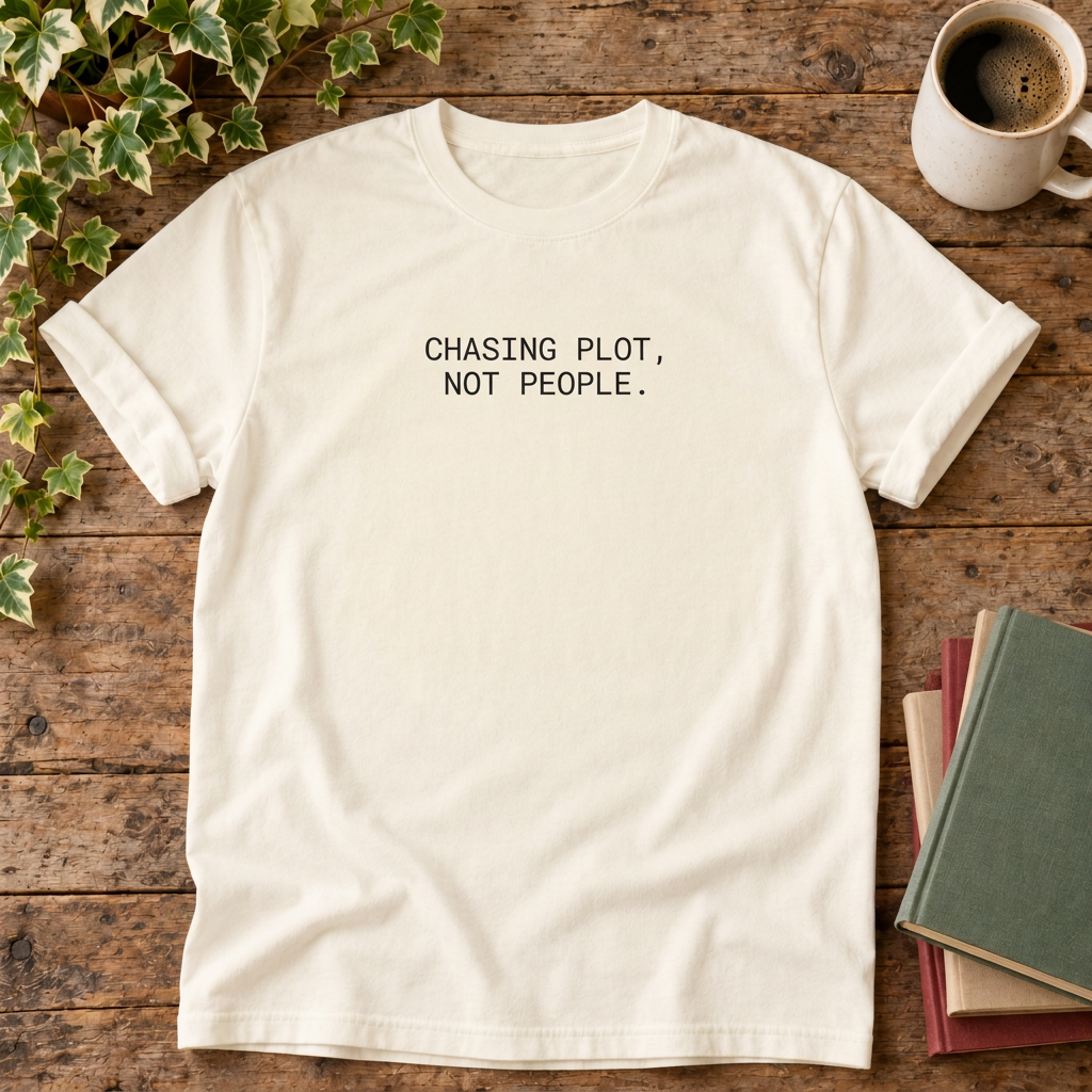 Chasing plot not people T-shirt in Ivory, flat lay