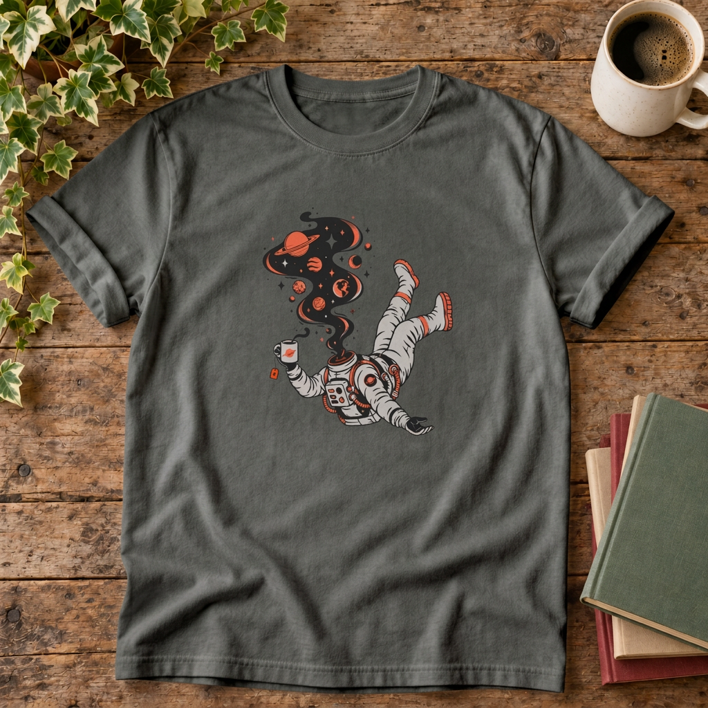 Astronaut cosmic t-shirt in Pepper, rustic flat lay