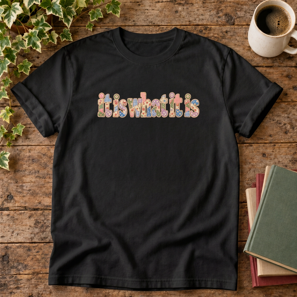 It is what it is colourful t-shirt in Black, rustic flat lay