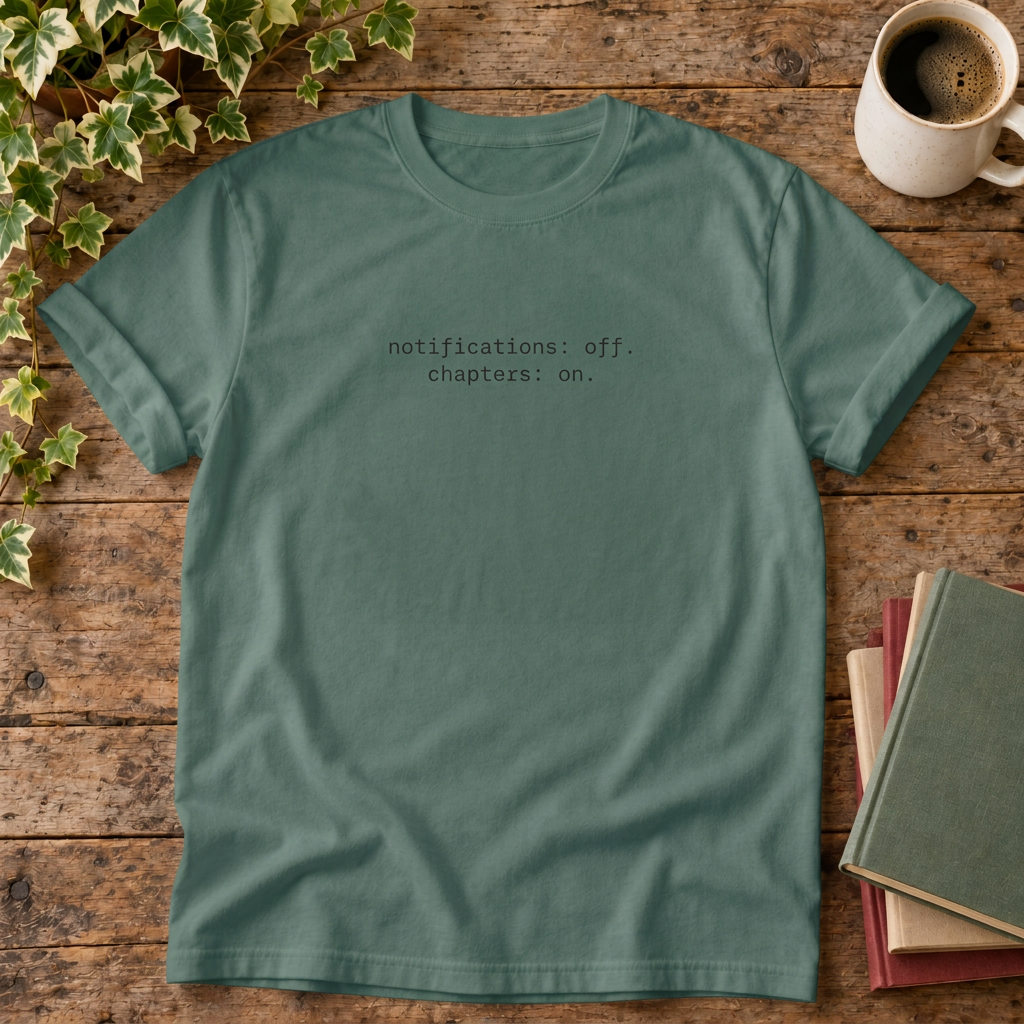 Notifications off chapters on T-shirt in Blue Spruce, stylised flat lay