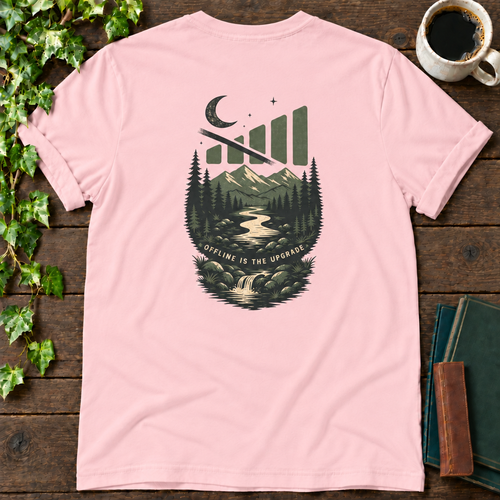 offline mode nature. pink t-shirt back print flat lay