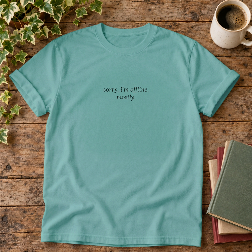 Seafoam sorry I'm offline mostly t-shirt, stylised wood flat lay