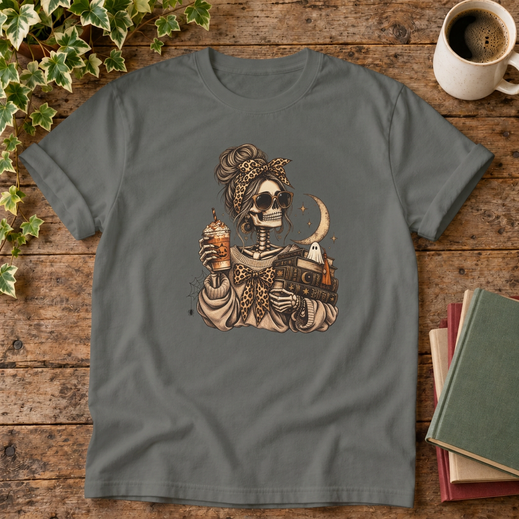 Mystical skeleton t-shirt in Pepper, rustic wood flat lay