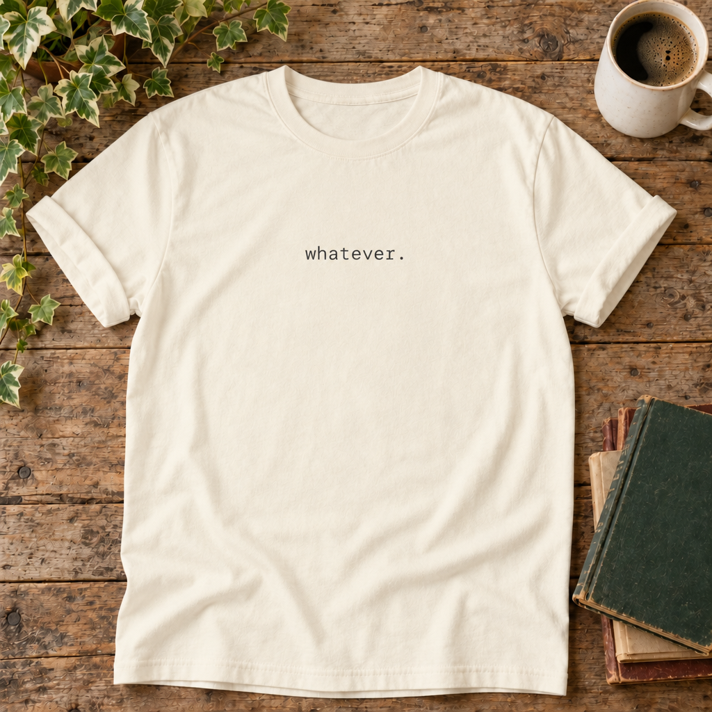 Whatever. Ivory t-shirt weathered-wood flat lay