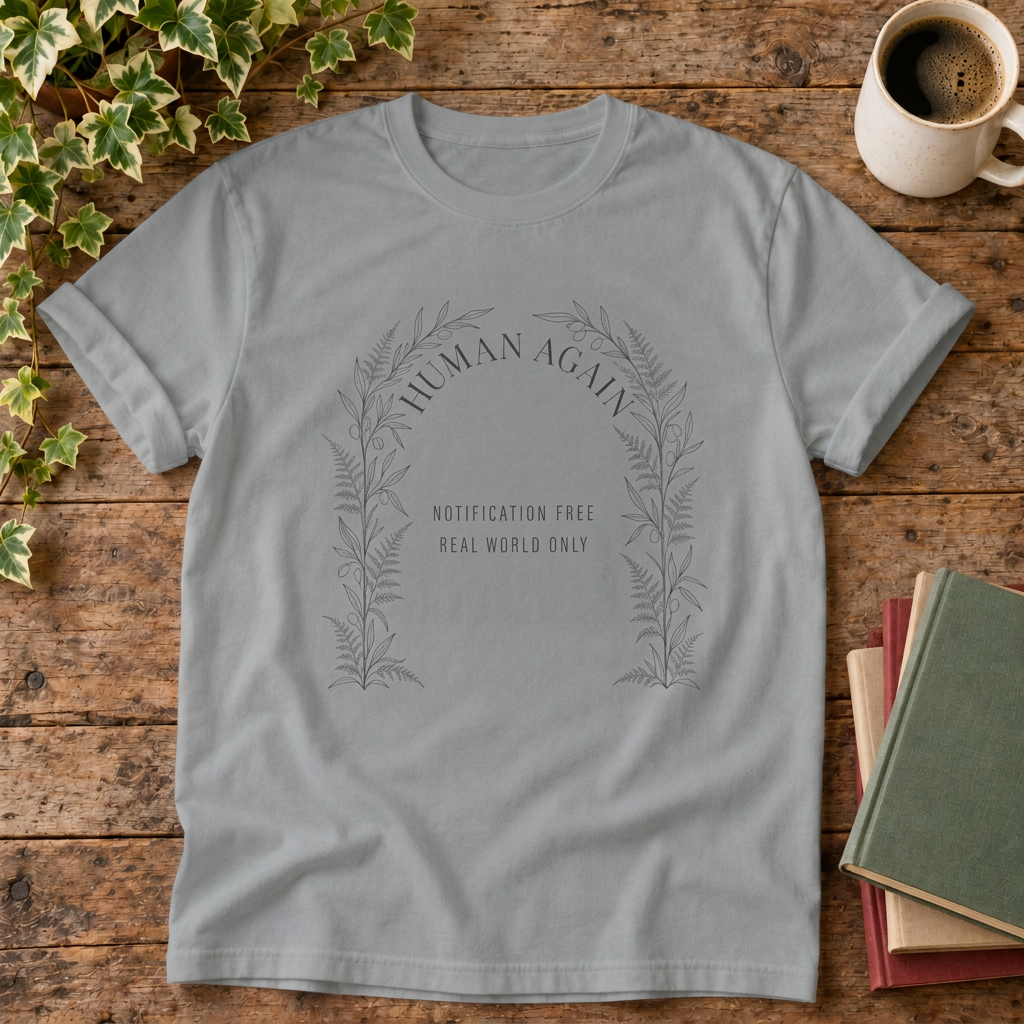 Human again t-shirt in Grey, rustic flat lay