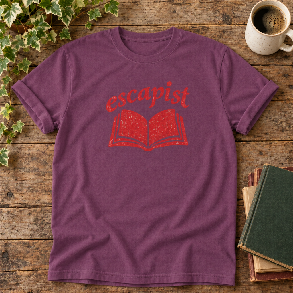 Escapist Berry t-shirt weathered-wood flat lay
