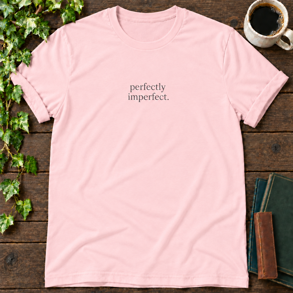 perfectly imperfect. pink t-shirt flat lay