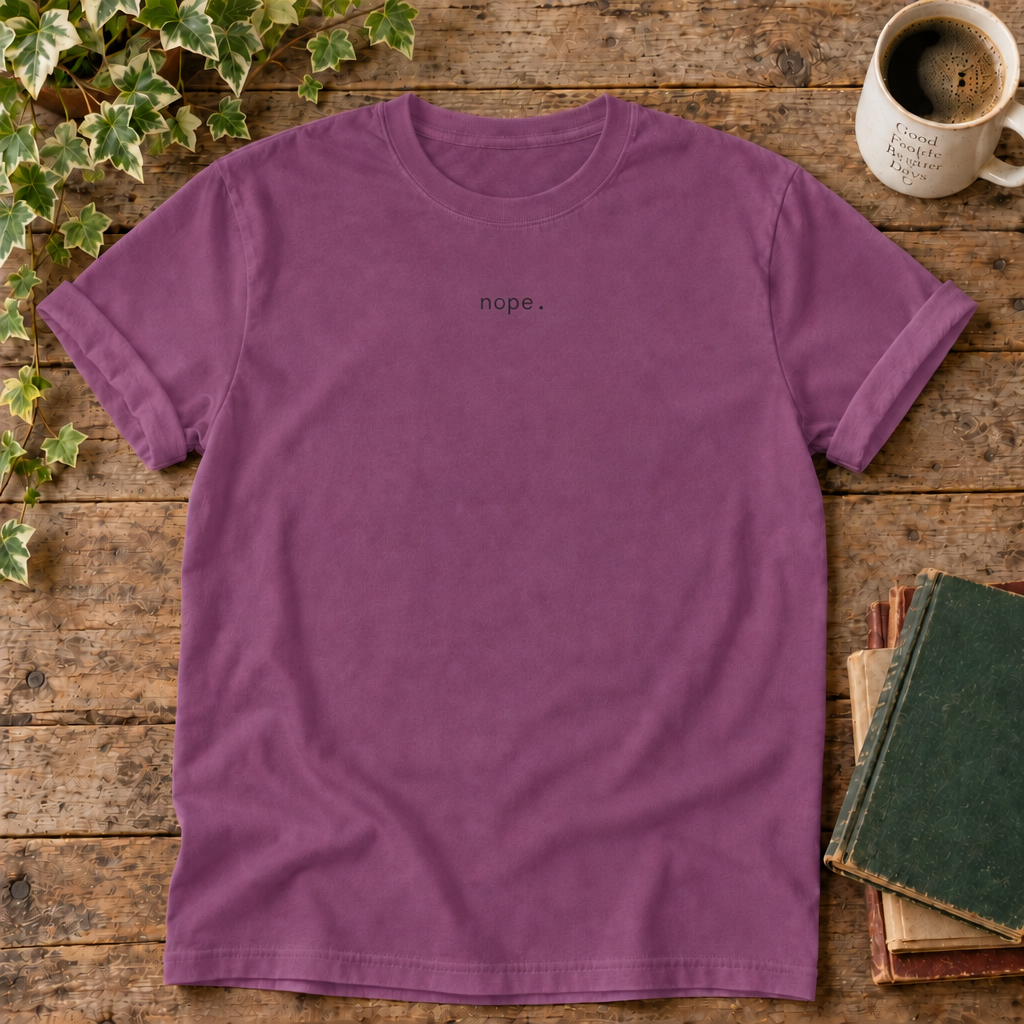 Nope Berry dark-ink flat lay with weathered wood and blank book cover