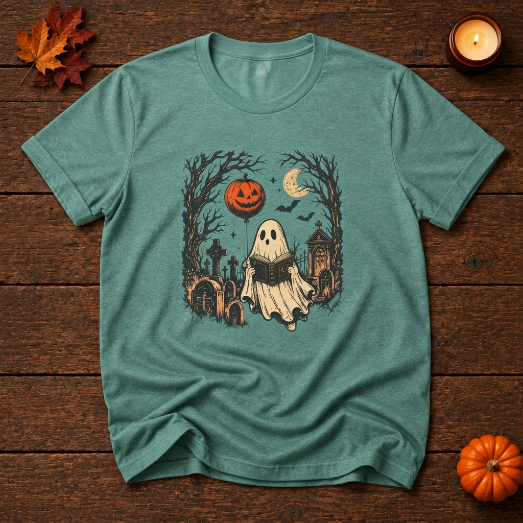 Graveyard reader front-print t-shirt in Seafoam, Halloween flat lay