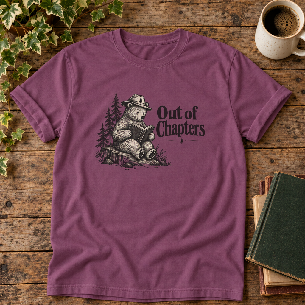 Reading Bear Out of Chapters tee in Berry, flat lay with blank antique books