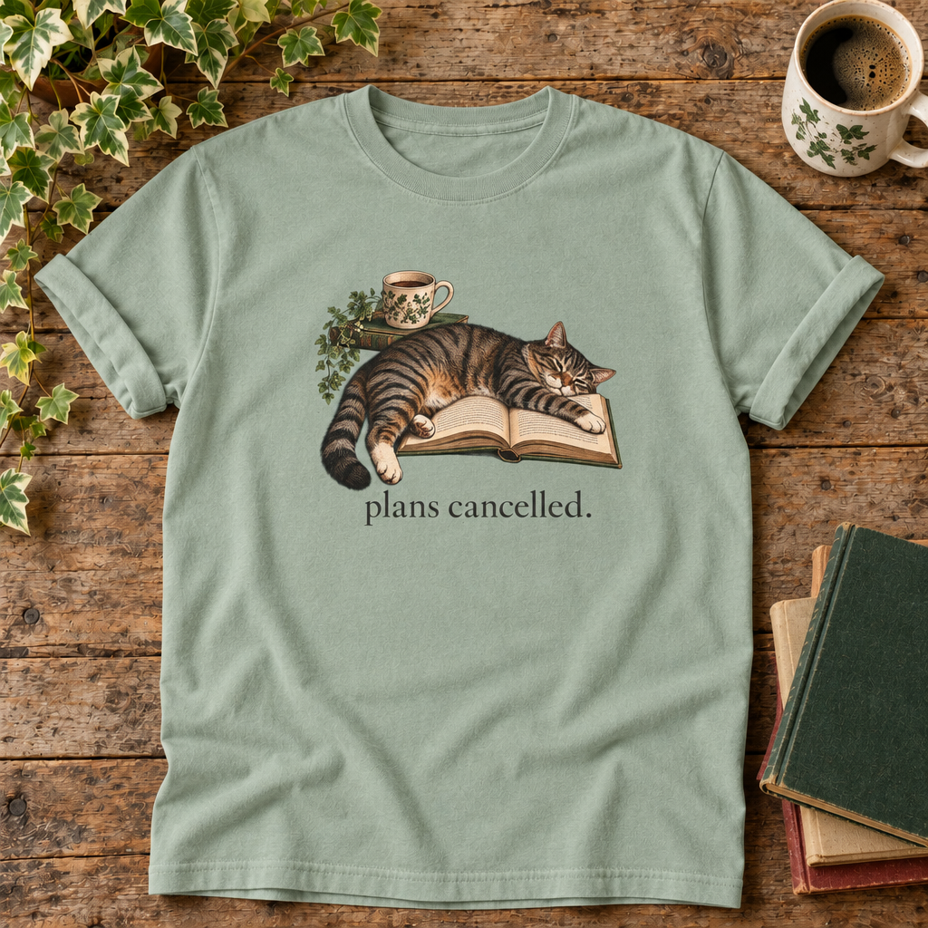 Plans cancelled. Bay cat and book t-shirt flat lay