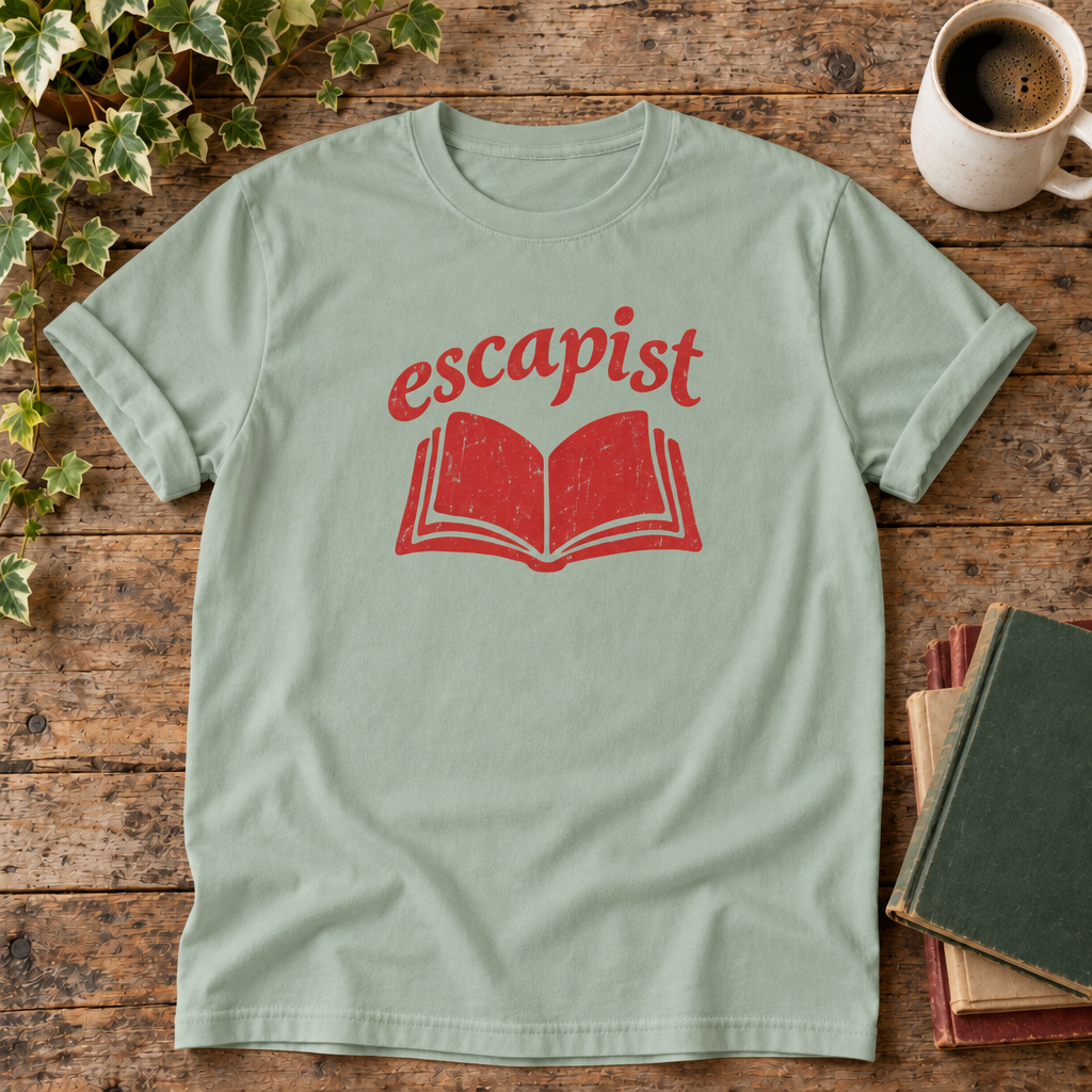 Escapist Bay t-shirt weathered-wood flat lay