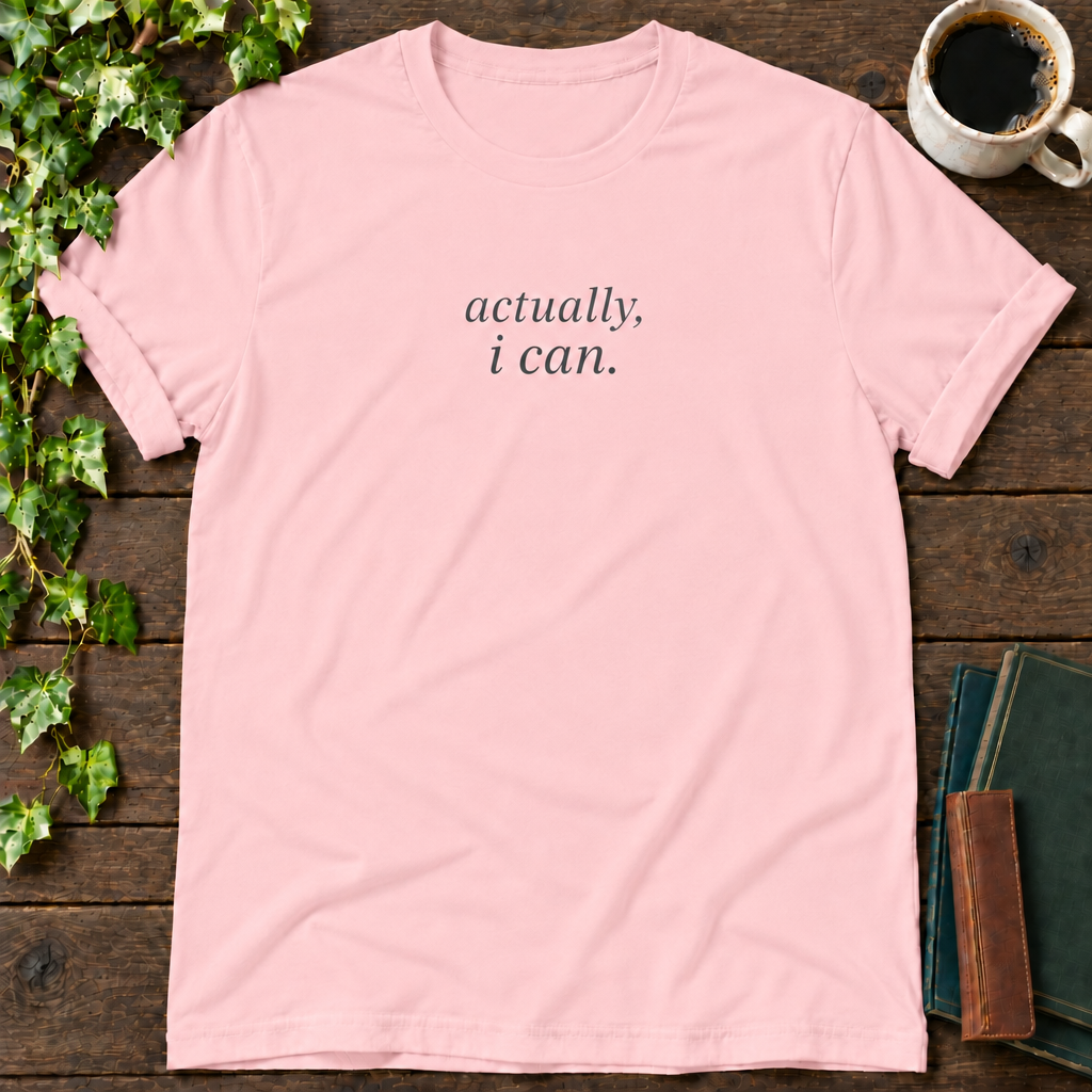 actually, i can. pink t-shirt flat lay