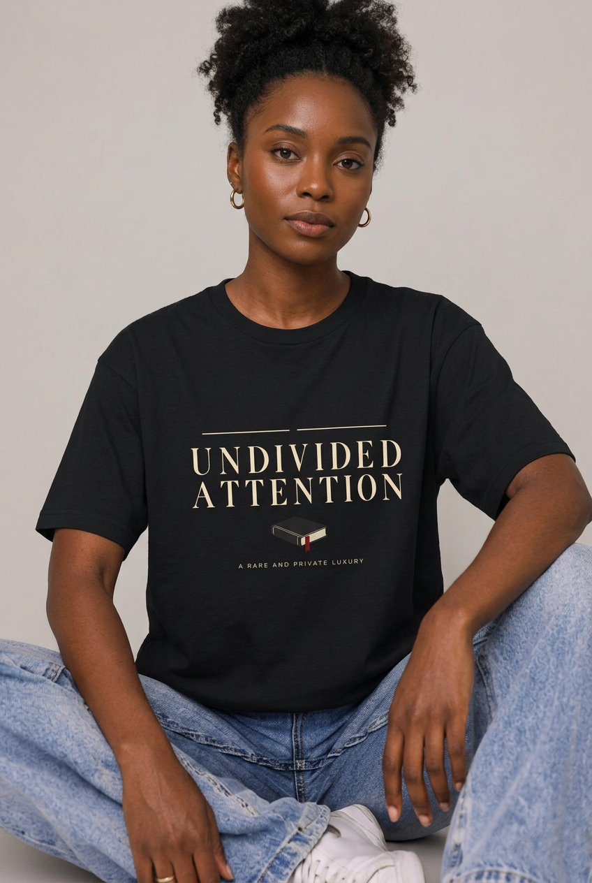 Woman wearing Black Undivided attention T-shirt seated studio lifestyle