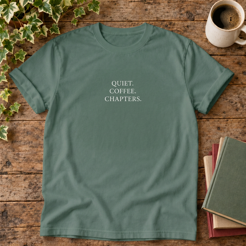 Quiet coffee chapters t-shirt in Blue Spruce, rustic wood flat lay