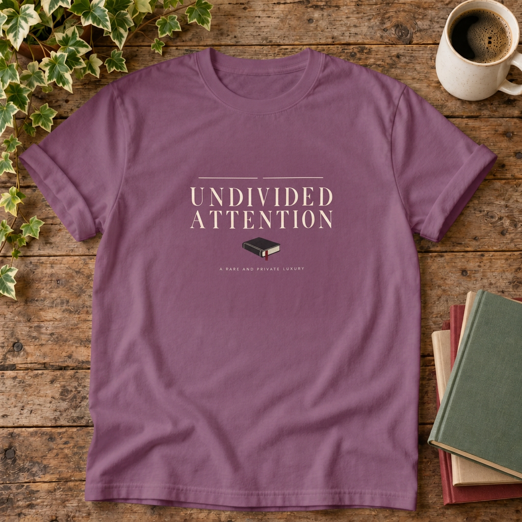 Undivided attention Berry T-shirt wood-and-books flat lay