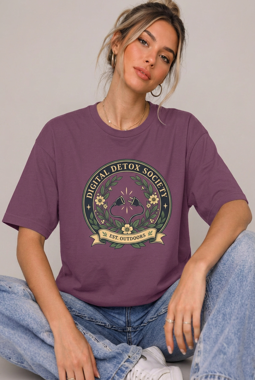 Seated model wearing digital detox society t-shirt in Berry