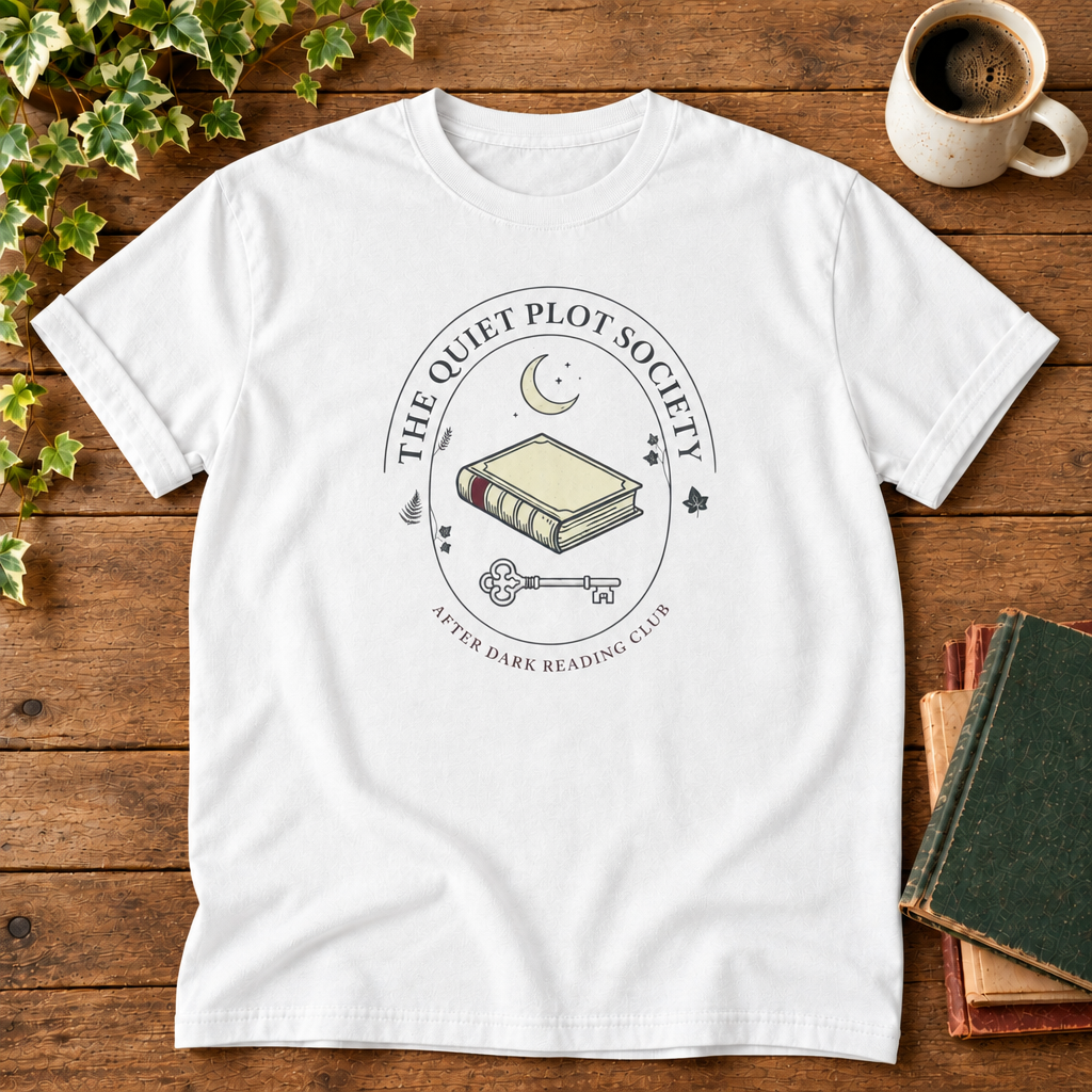 The Quiet Plot Society tee in White, flat lay with book and coffee