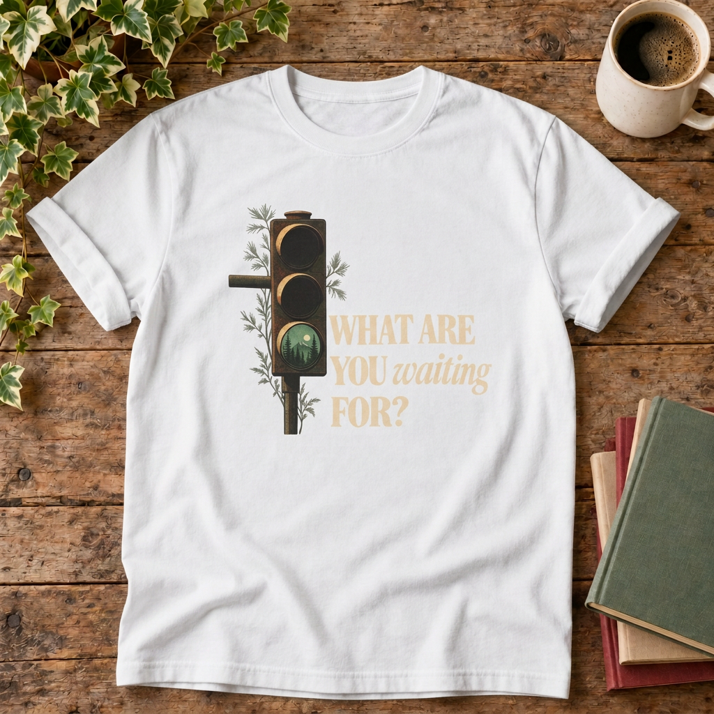 What Are You Waiting For? White T-shirt wood-and-books flat lay