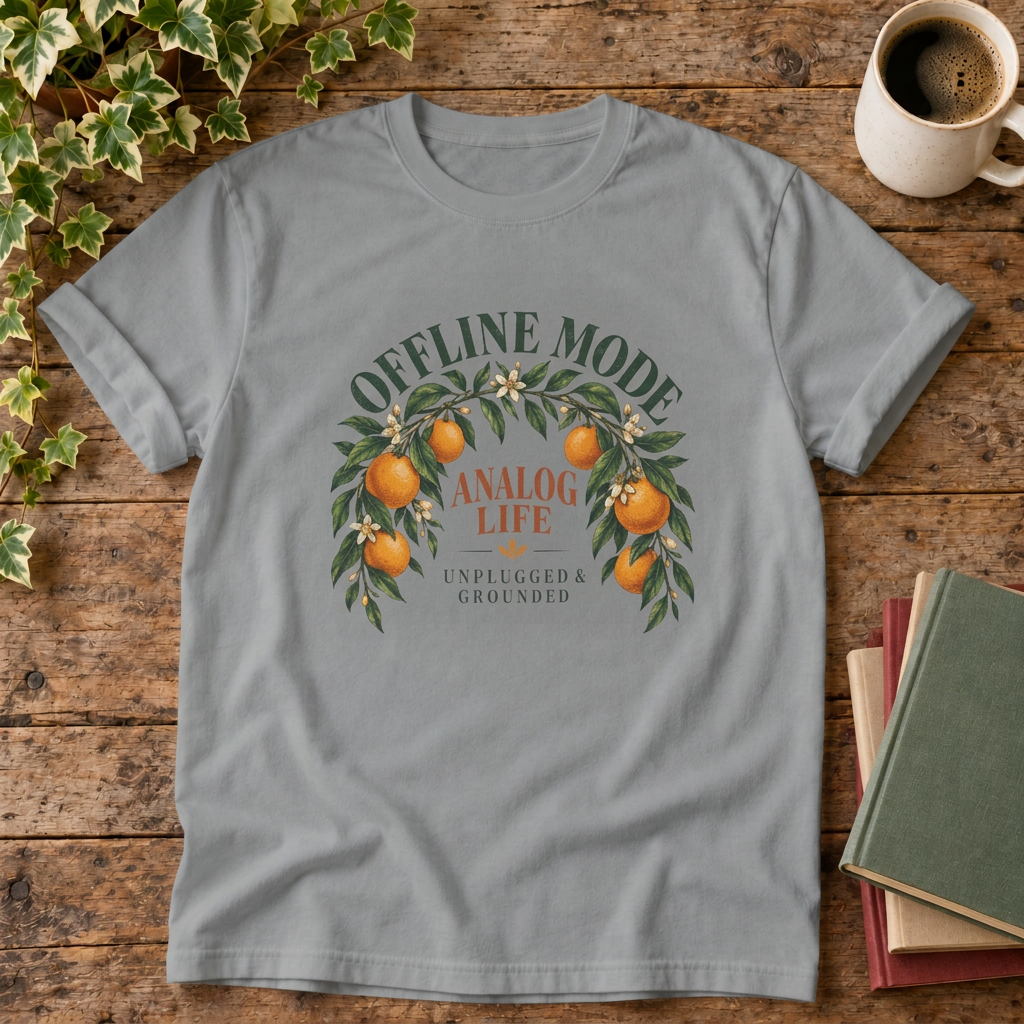 Offline mode analog life orange blossom t-shirt in Grey, rustic flat lay