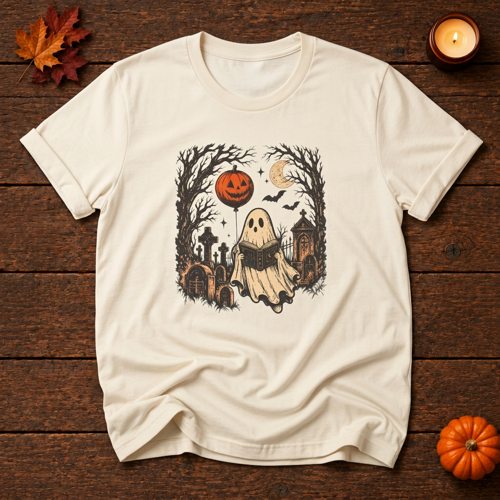 Graveyard reader front-print t-shirt in Ivory, Halloween flat lay