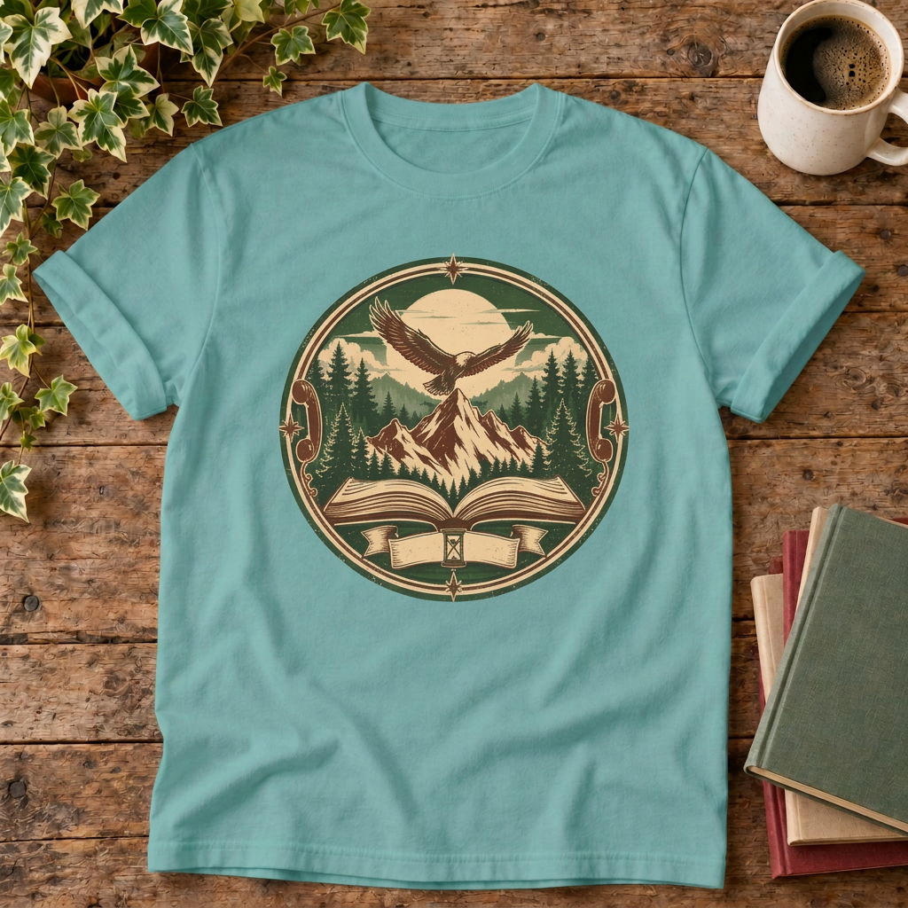 Mountain adventure vintage t-shirt in Seafoam, rustic flat lay with corrected larger eagle mountain and book graphic