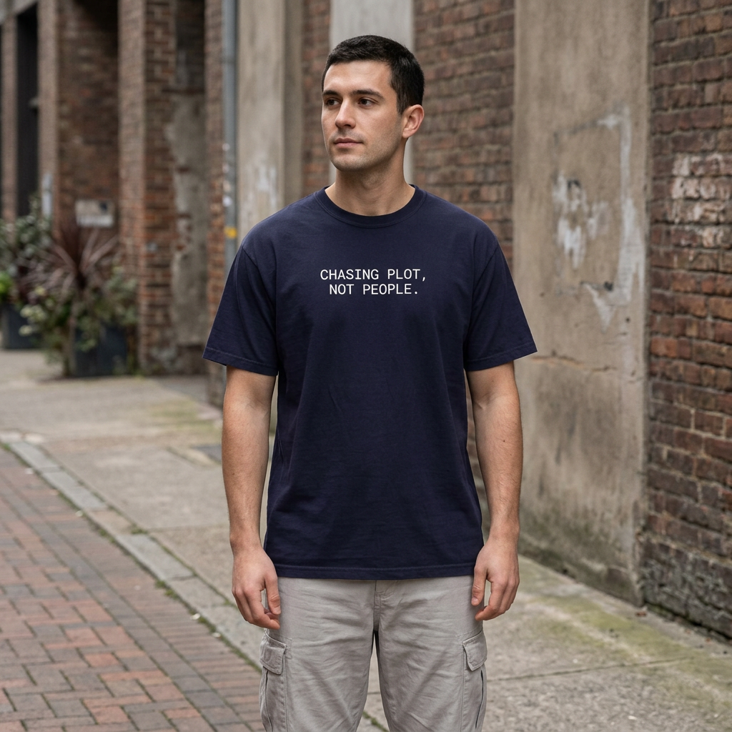 Man outdoors wearing chasing plot not people T-shirt in True Navy, streetwear lifestyle
