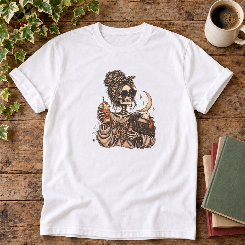 Mystical skeleton t-shirt in White, rustic wood flat lay