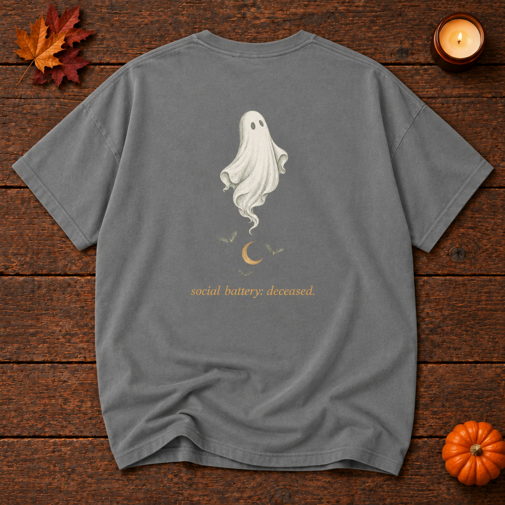 brb. grey relaxed fit t-shirt back ghost print, Halloween flat lay