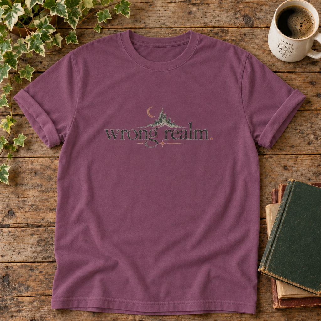 Wrong realm. Berry t-shirt castle and crescent moon flat lay