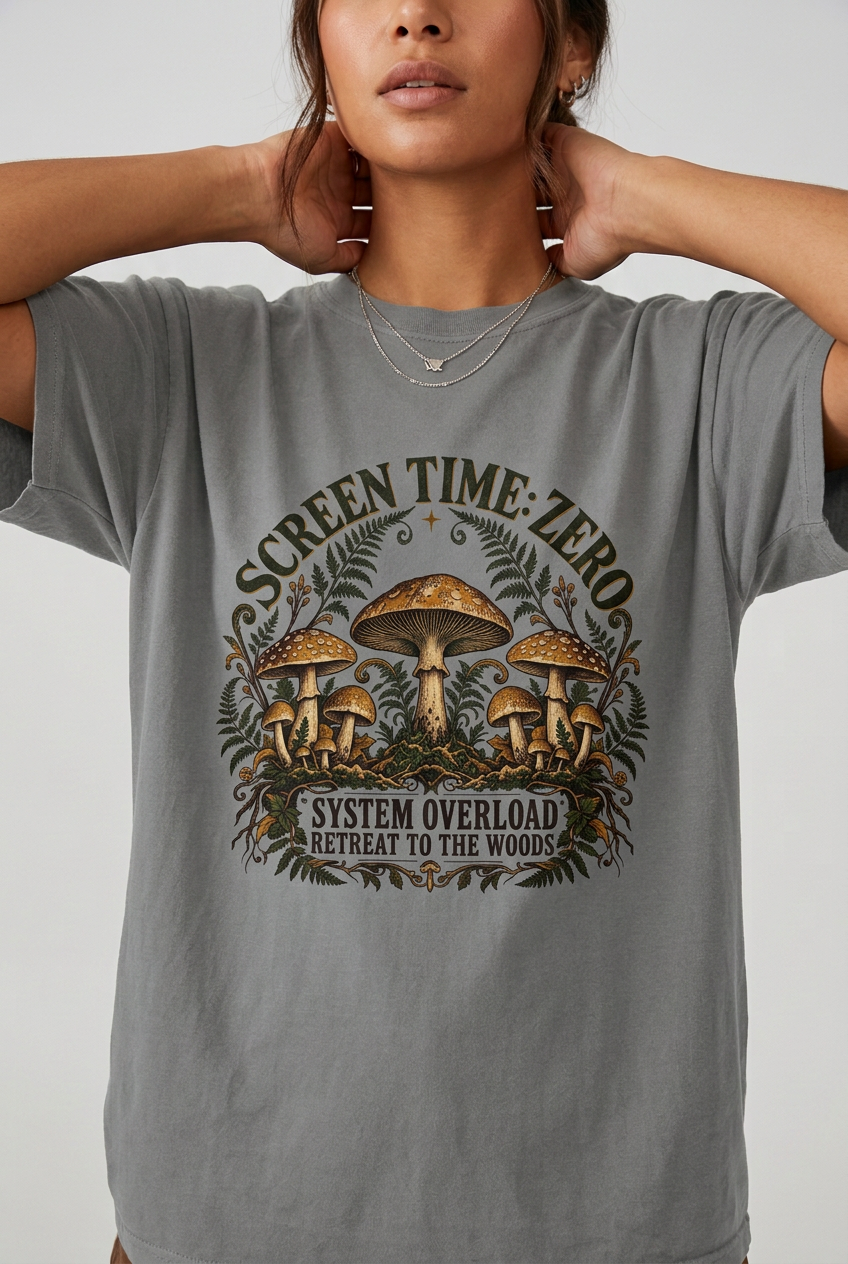 Close-up model wearing screen time zero mushroom t-shirt in Grey