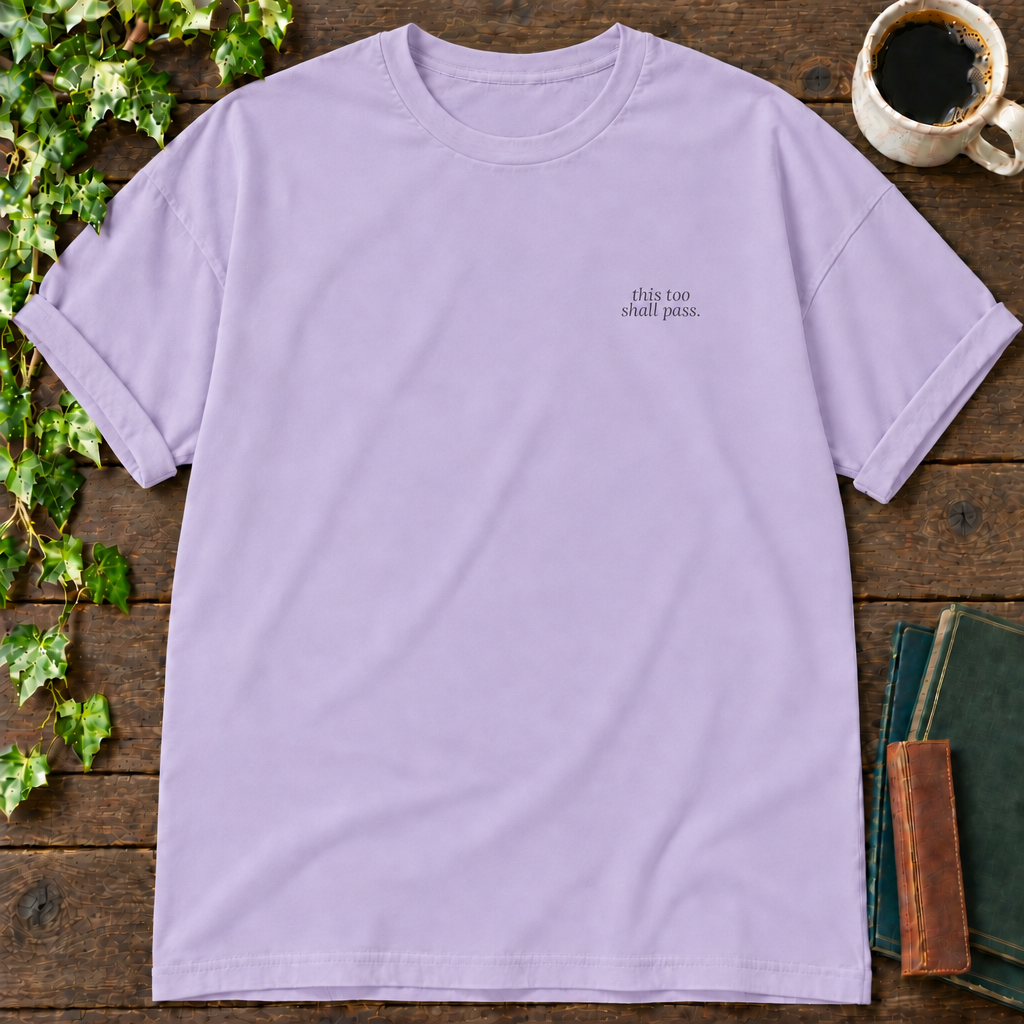 this too shall pass. violet relaxed fit t-shirt flat lay