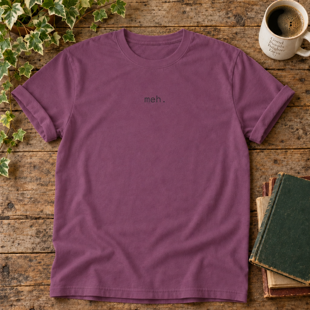 Meh Berry Comfort Colors flat lay with weathered wood and blank book cover