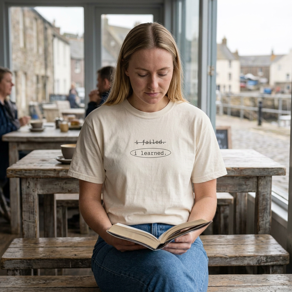 Woman reading in a cafe wearing the Ivory i failed, i learned. t-shirt