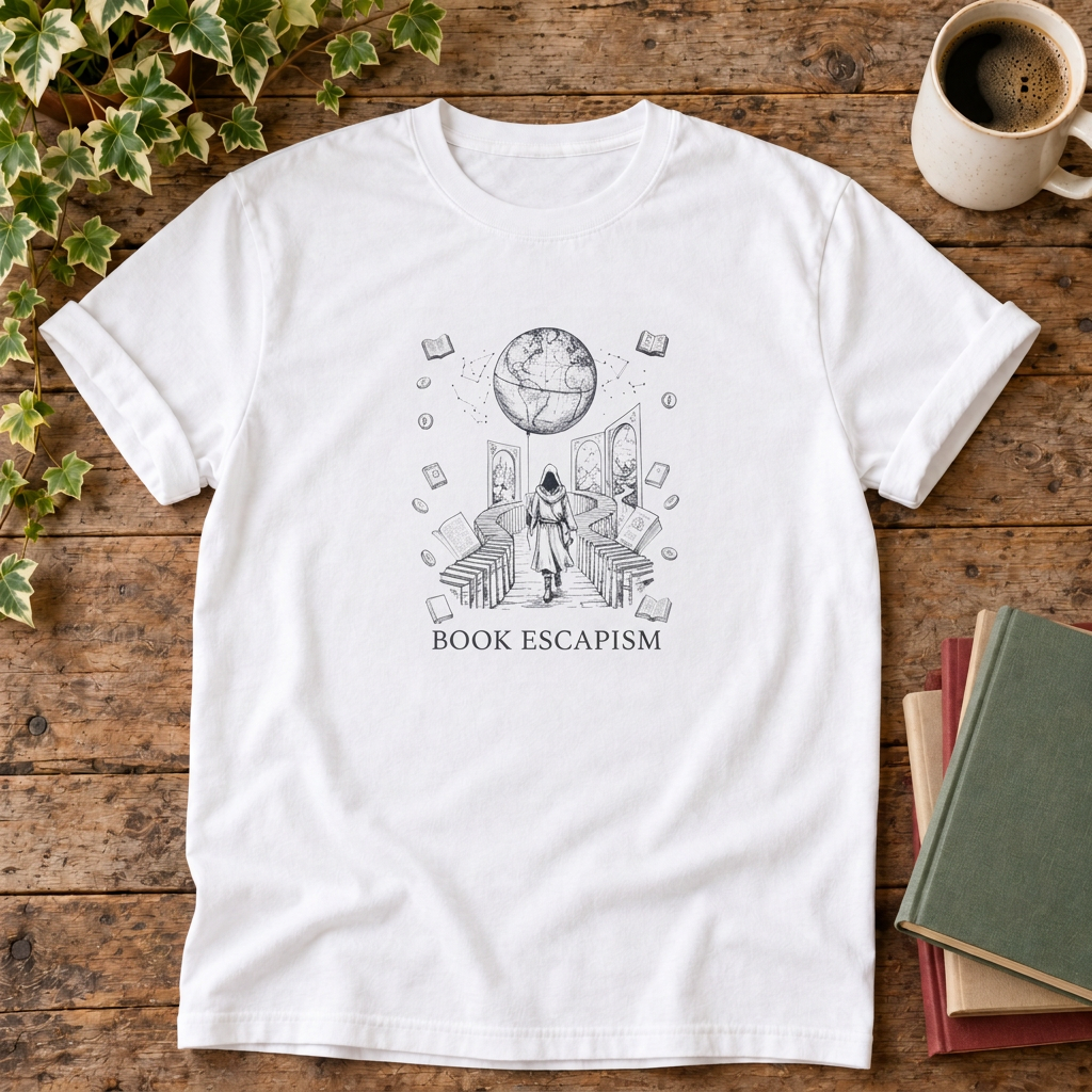Book escapism reader t-shirt in White, rustic flat lay
