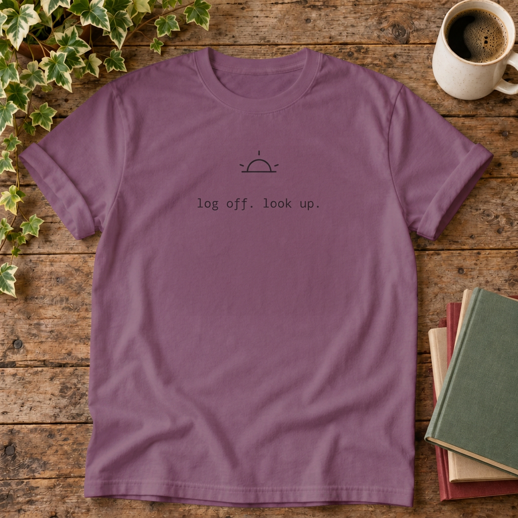 Log off. Look up. Berry rustic flat lay