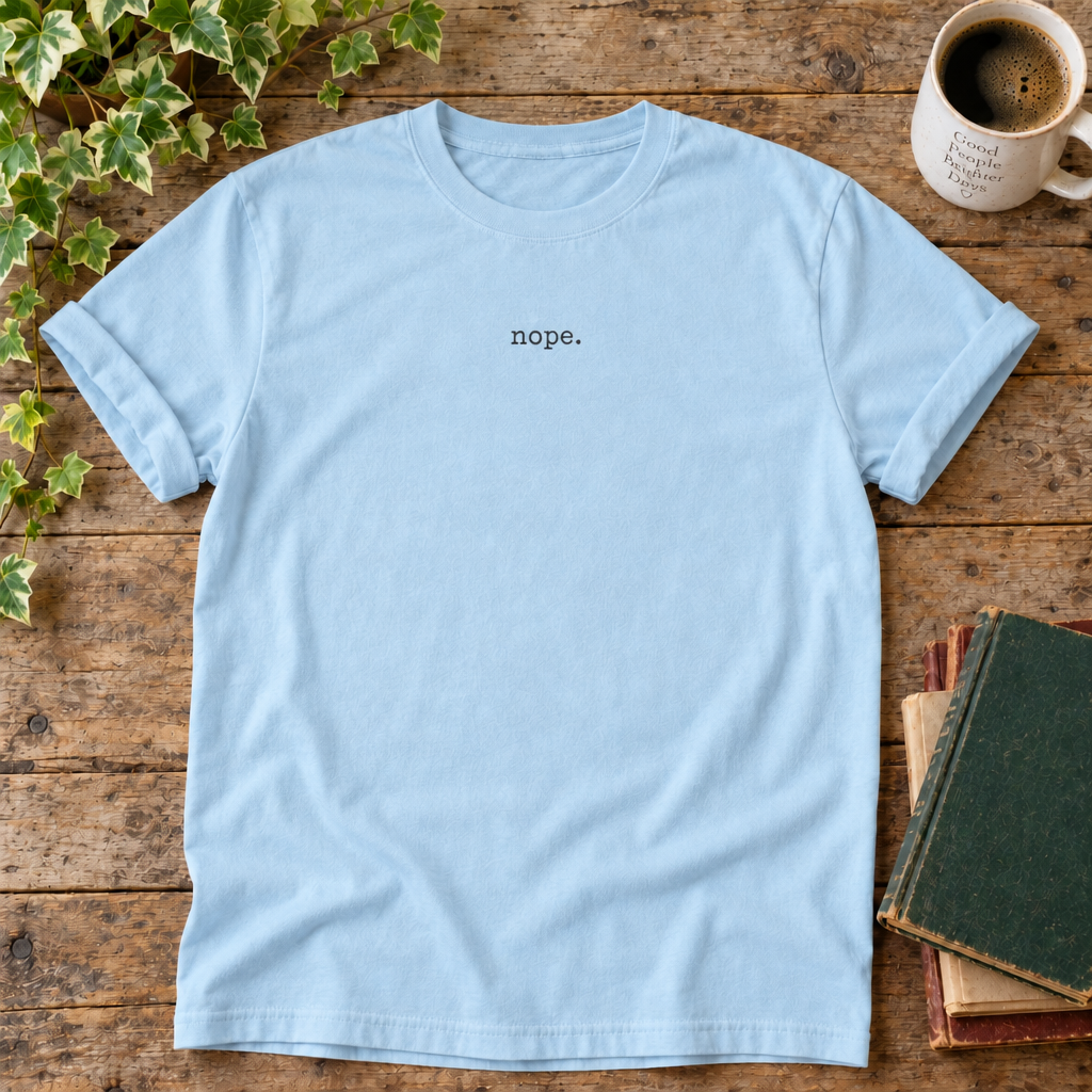 Nope Chambray flat lay with weathered wood and blank book cover