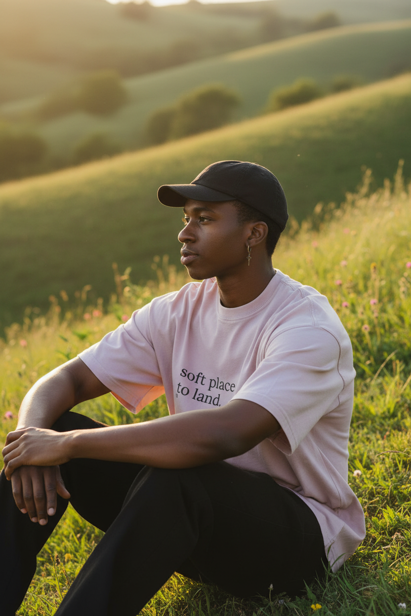 soft place to land. — Black man on sunlit hillside, blush Comfort Colors relaxed fit