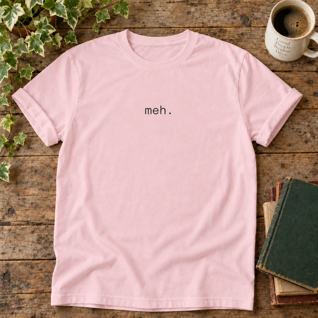 Meh Blossom Comfort Colors flat lay with weathered wood and blank book cover