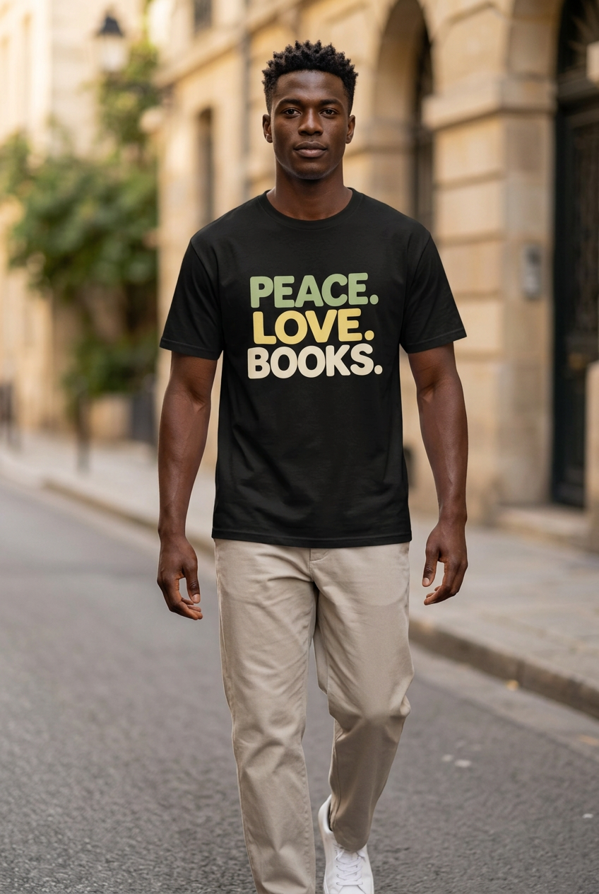 Man wearing the Black peace love books t-shirt on a quiet urban street