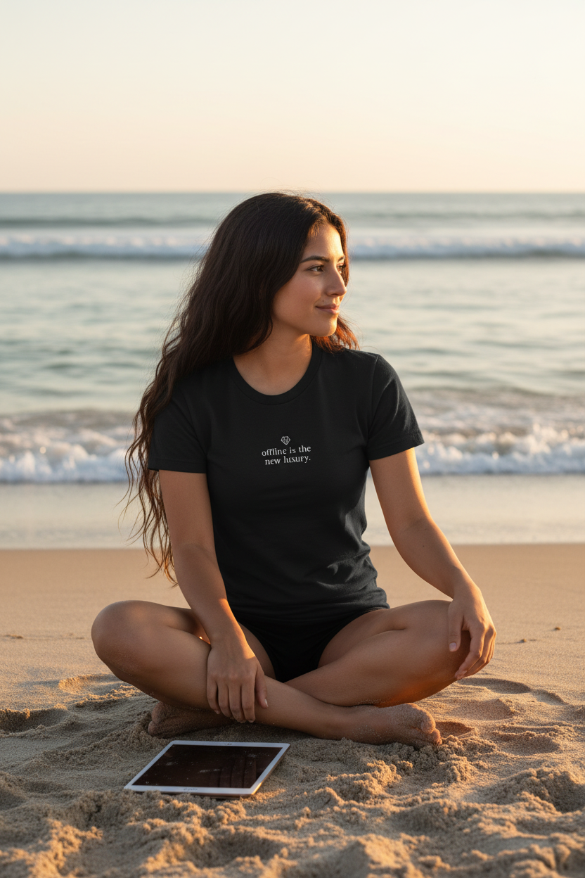 offline is the new luxury — black tee, ocean lifestyle, iPad face-down